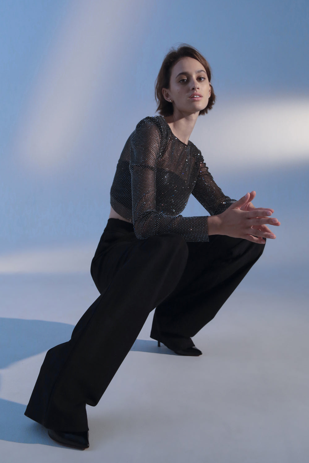 Black top with mesh sleeves with crystals - Semenenko-store