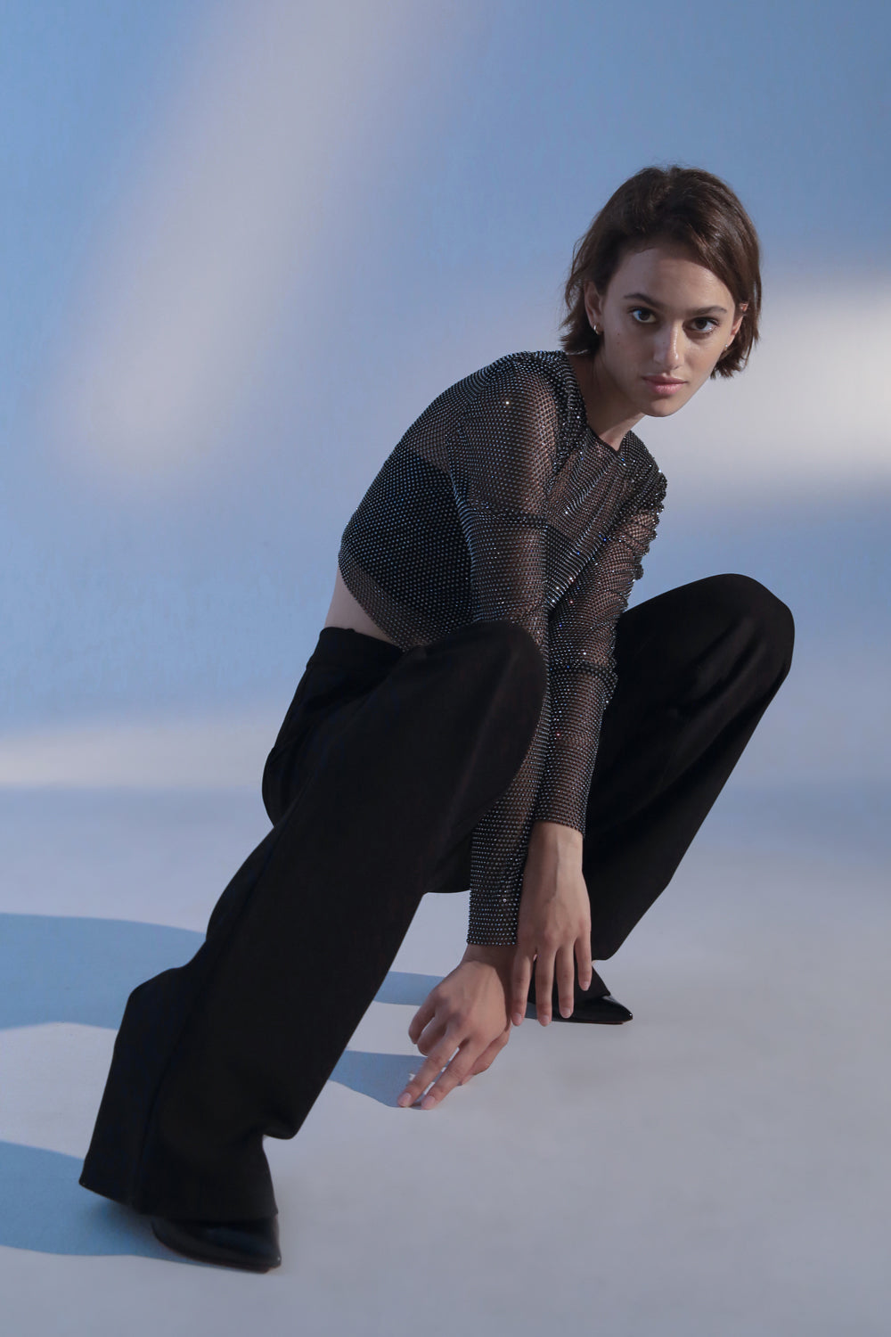 Black top with mesh sleeves with crystals - Semenenko-store