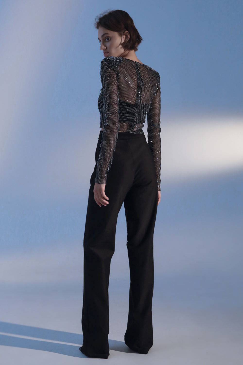 Black top with mesh sleeves with crystals - Semenenko-store