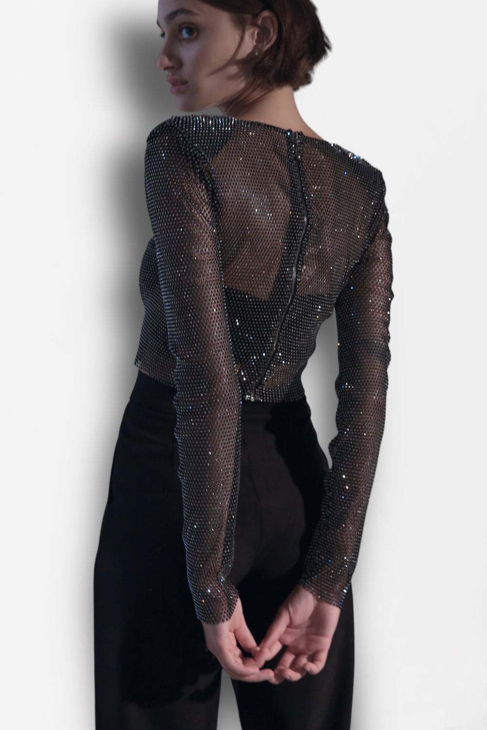 Black top with mesh sleeves with crystals - Semenenko-store