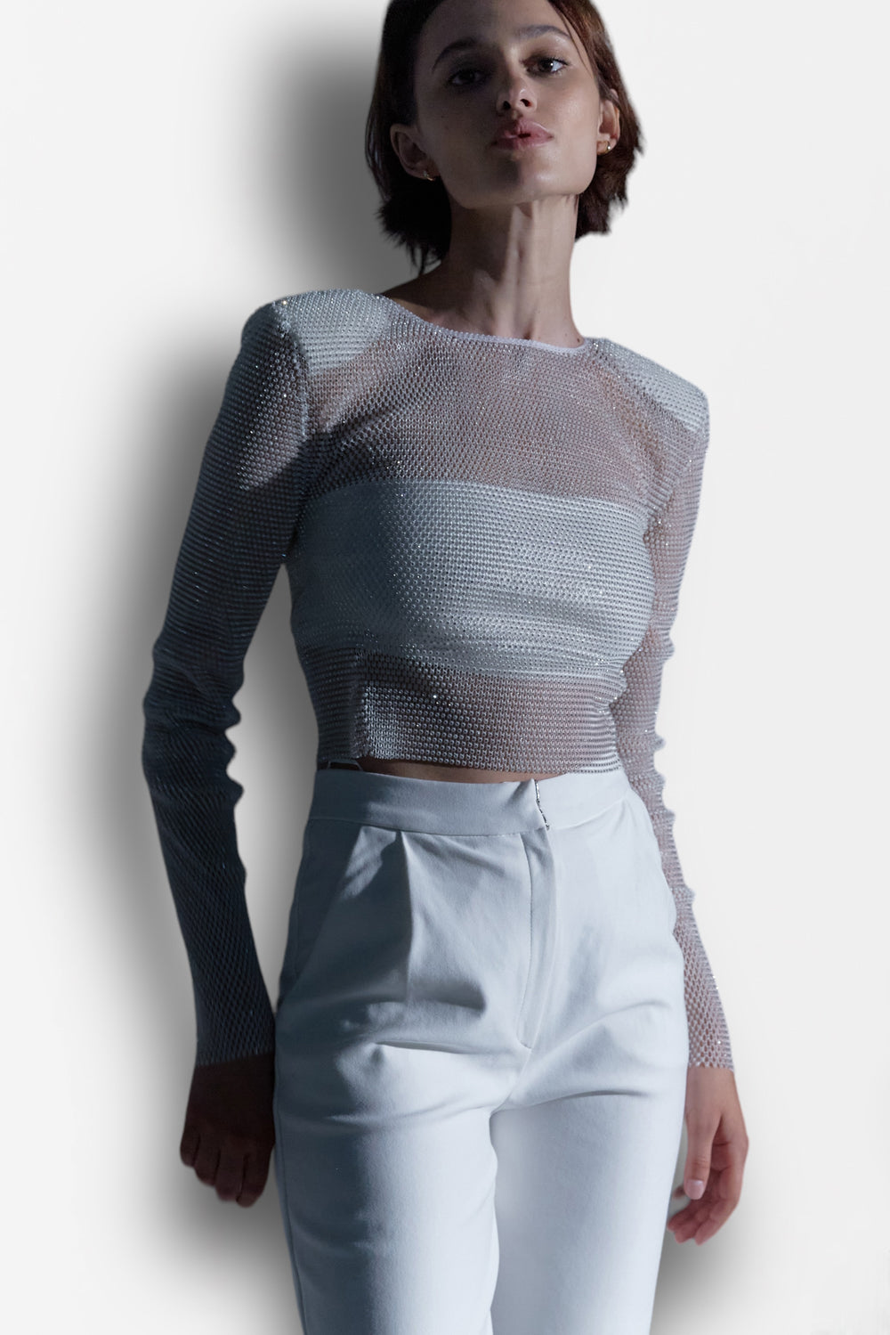White top with mesh sleeves with crystals - Semenenko-store