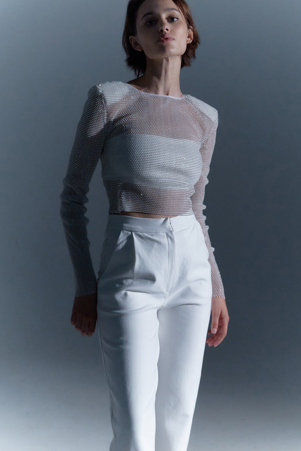 White top with mesh sleeves with crystals - Semenenko-store