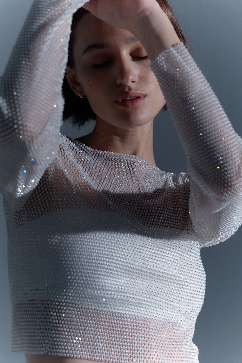White top with mesh sleeves with crystals - Semenenko-store