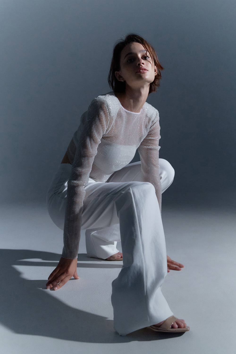 White top with mesh sleeves with crystals - Semenenko-store