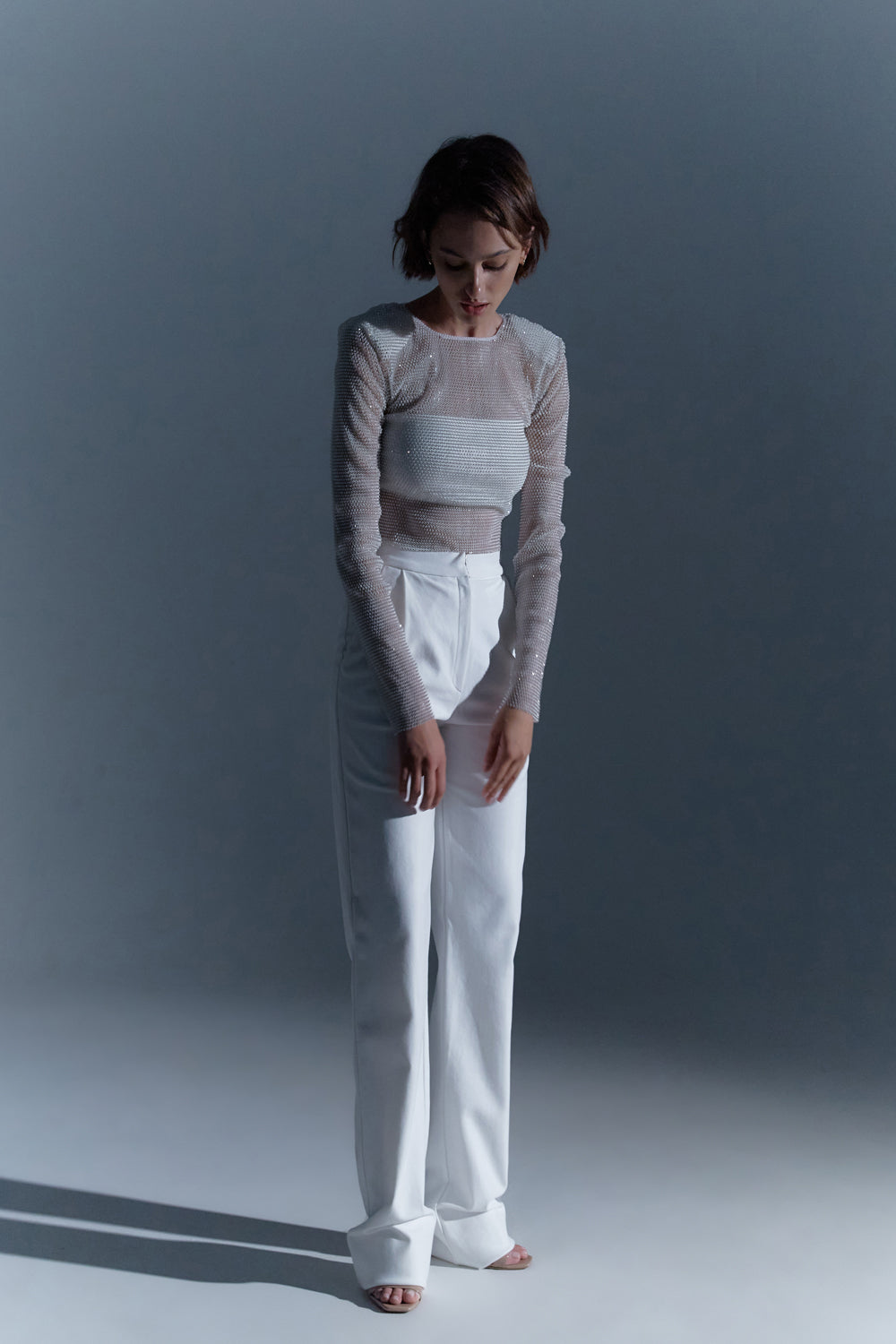 White top with mesh sleeves with crystals - Semenenko-store