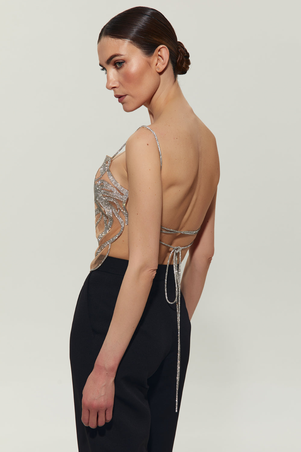 Beige mesh top embellished with crystals - Semenenko-store