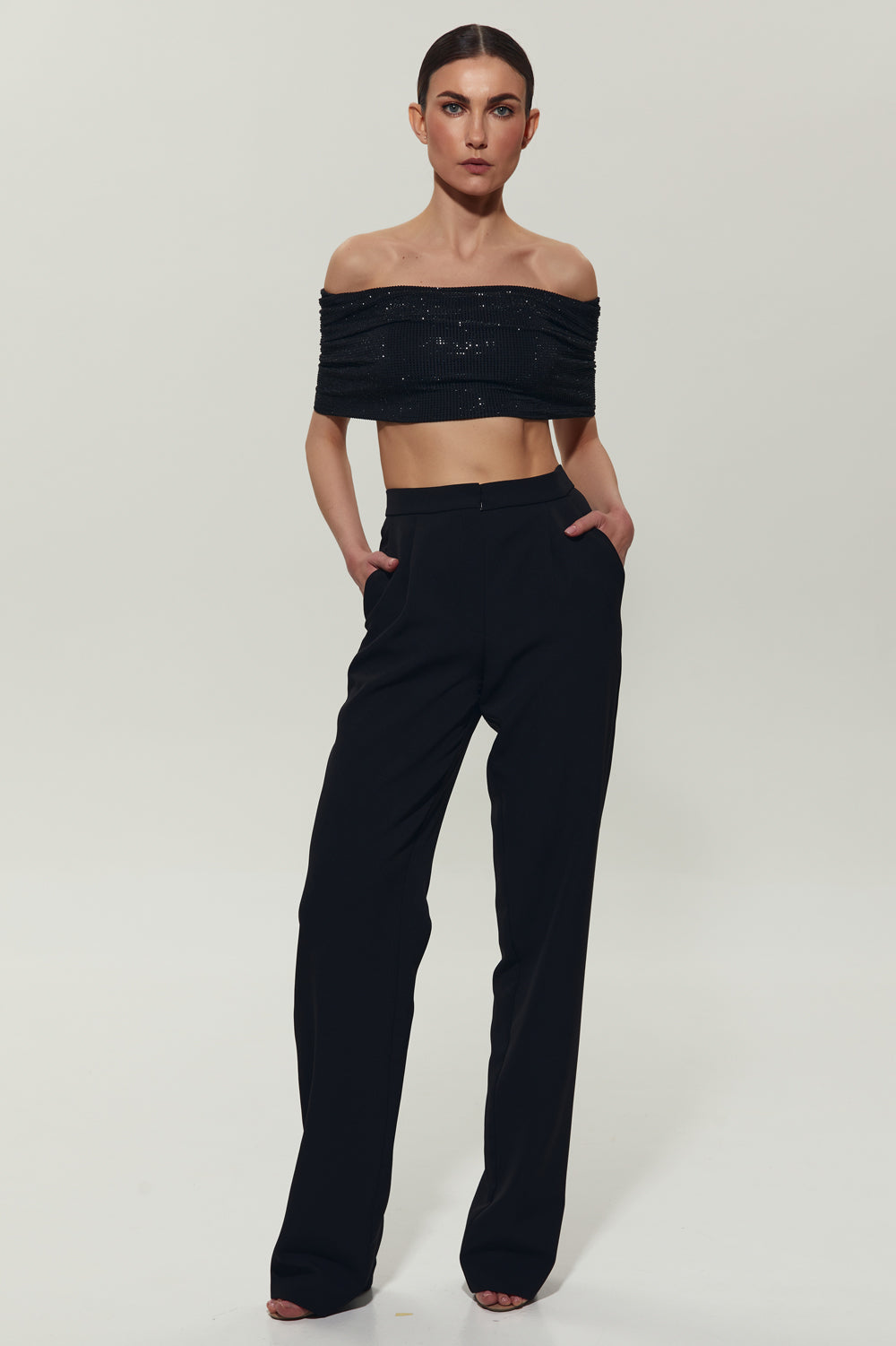 A black top with open shoulders decorated with crystals. - Semenenko-store
