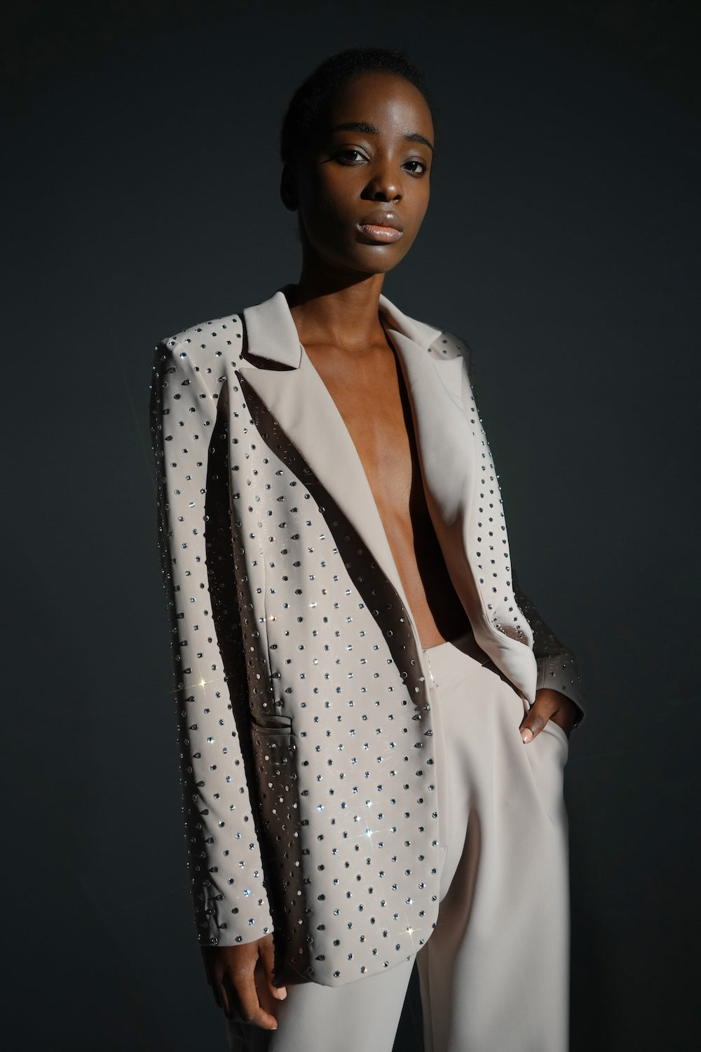 Beige suit with jacket with crystals - Semenenko-store