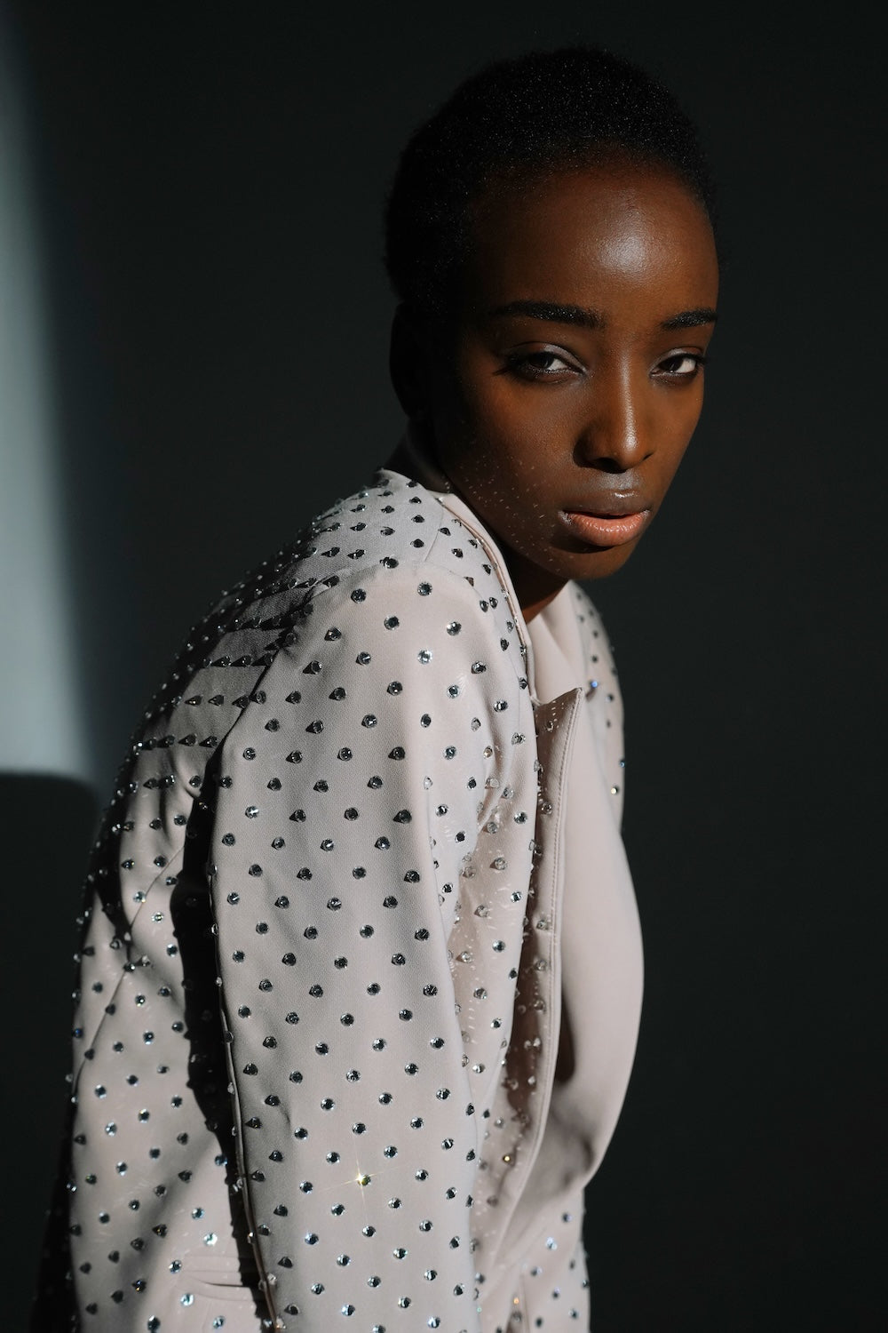 Beige suit with jacket with crystals - Semenenko-store