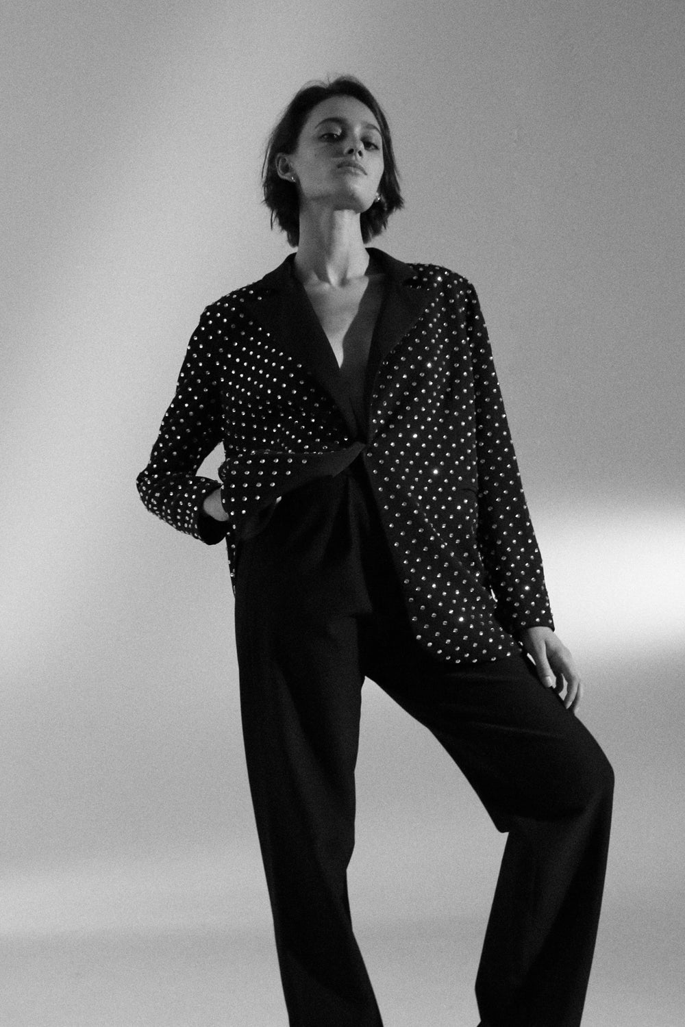The jacket is made of suit fabric with crystals. buttoned. Black - Semenenko-store