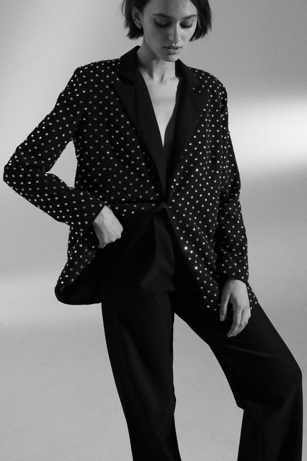 The jacket is made of suit fabric with crystals. buttoned. Black - Semenenko-store