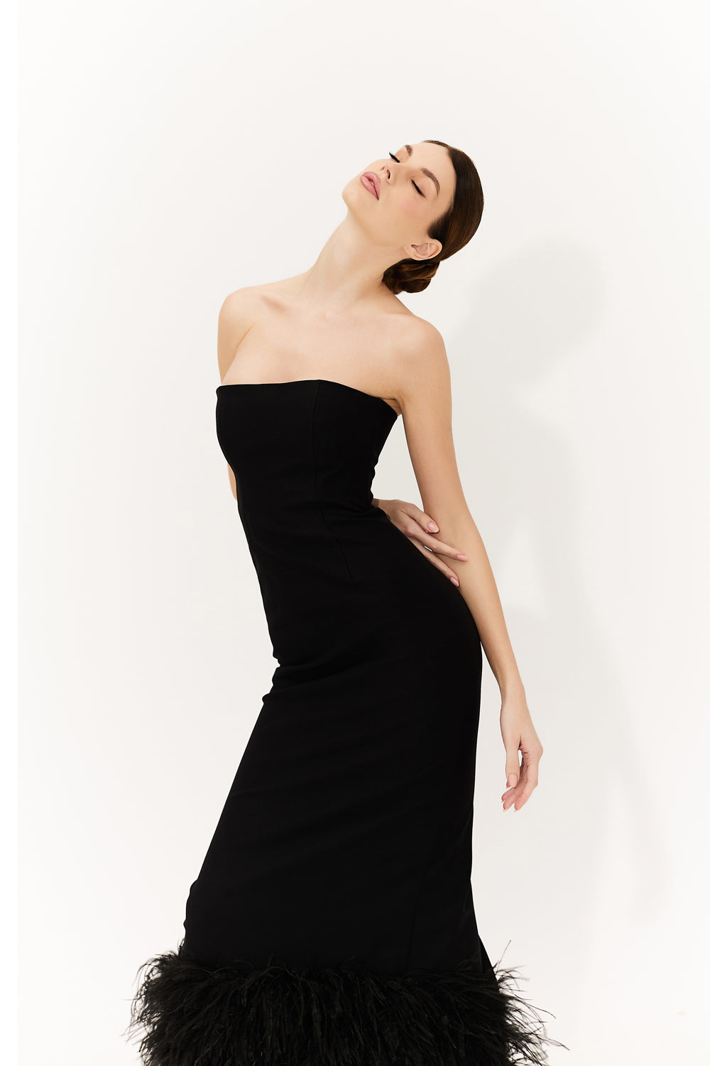 Black jersey midi dress with feathers on the bottom - Semenenko-store