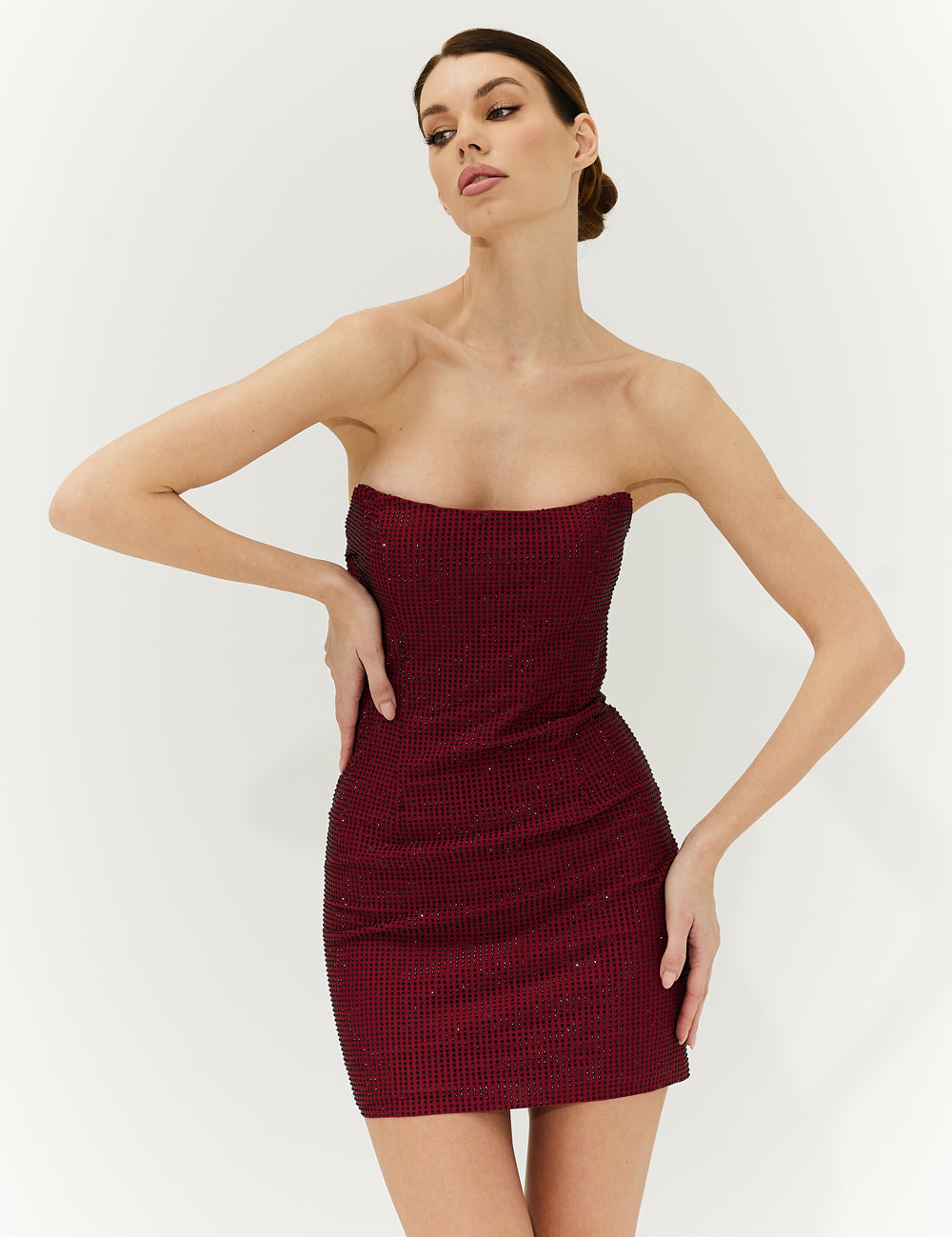 Bordeaux corset mini jersey dress with crystals. - Semenenko-store