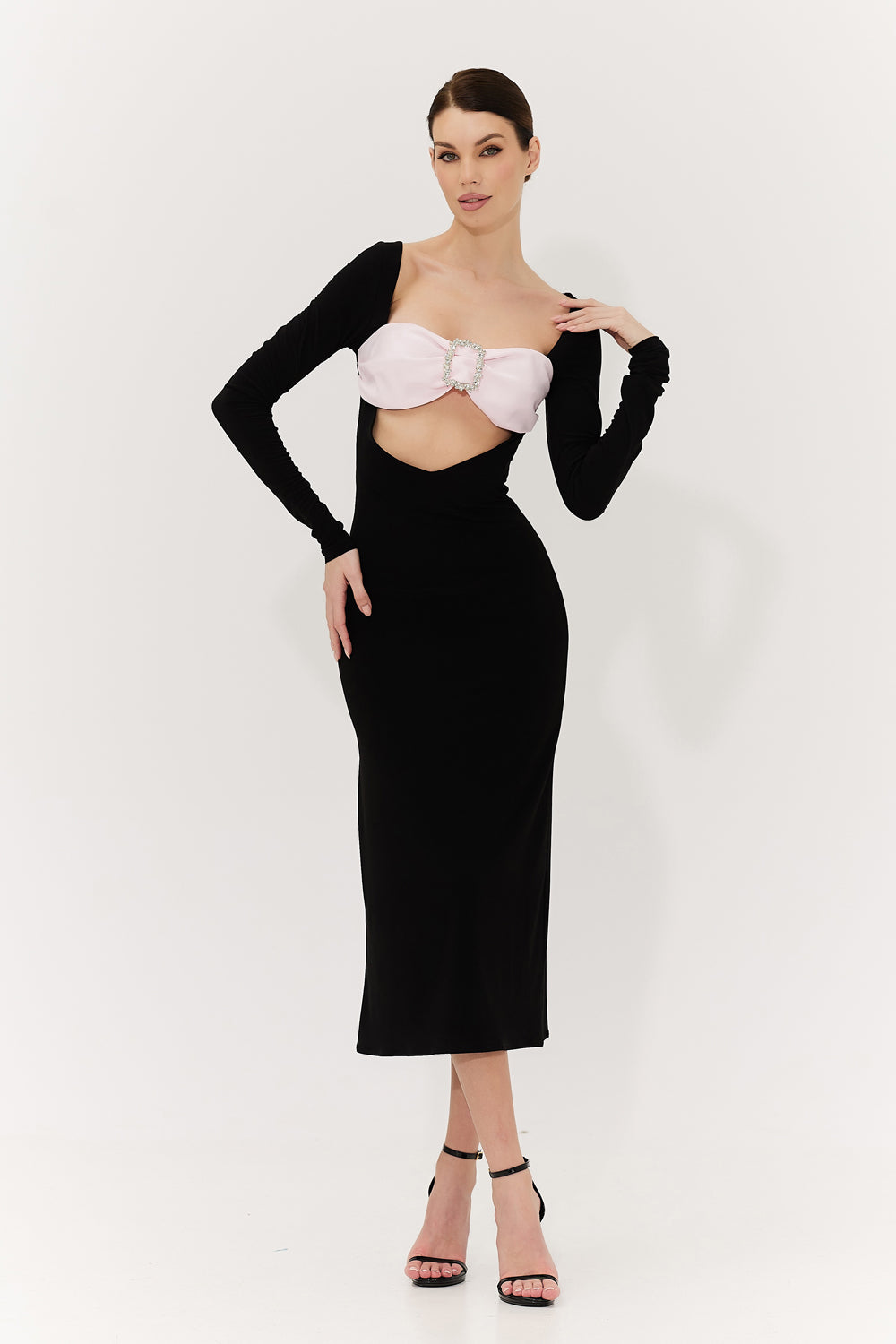 Black jersey dress with a soft pink satin bodice. - Semenenko-store