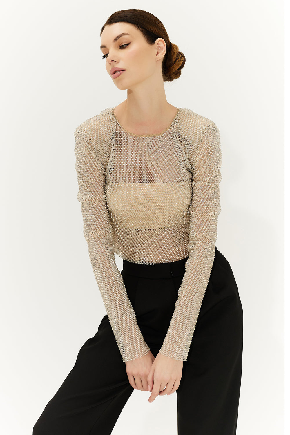 Beige top with mesh sleeves with crystals - Semenenko-store