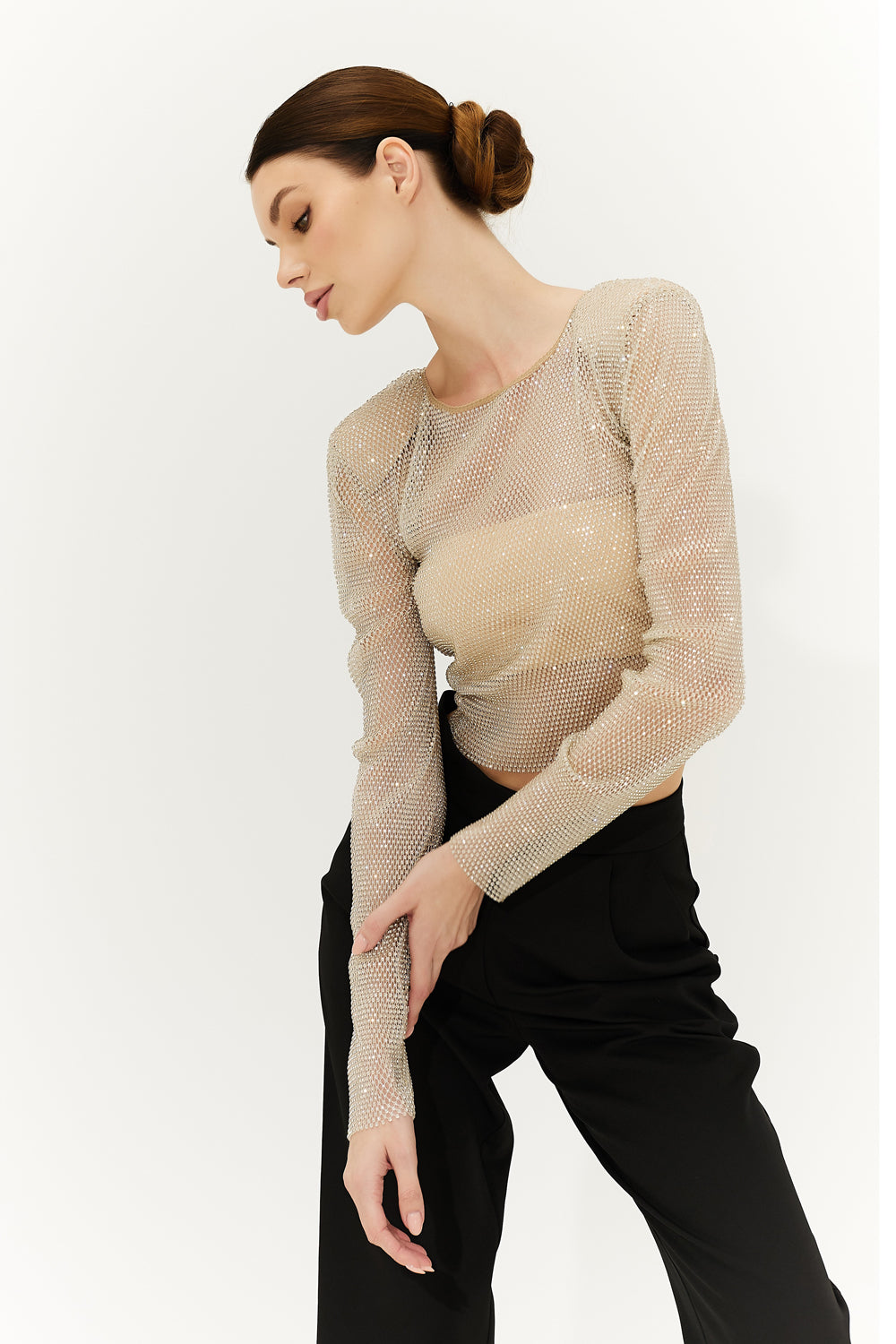 Beige top with mesh sleeves with crystals - Semenenko-store