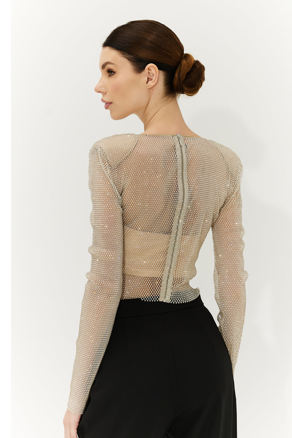 Beige top with mesh sleeves with crystals - Semenenko-store