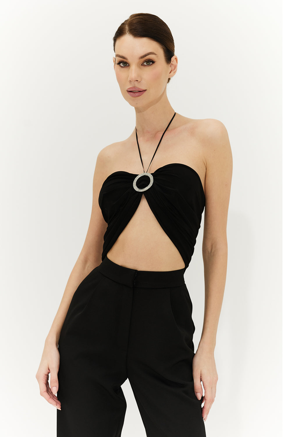 Black jersey top with crystal buckle. - Semenenko-store