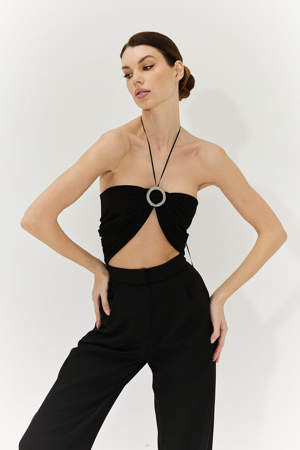 Black jersey top with crystal buckle. - Semenenko-store