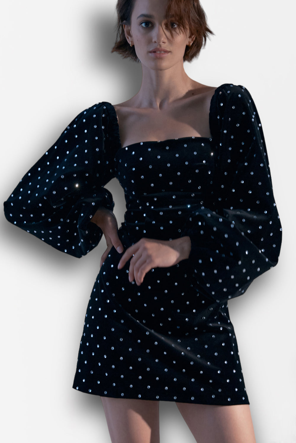 Black velvet dress with crystals.