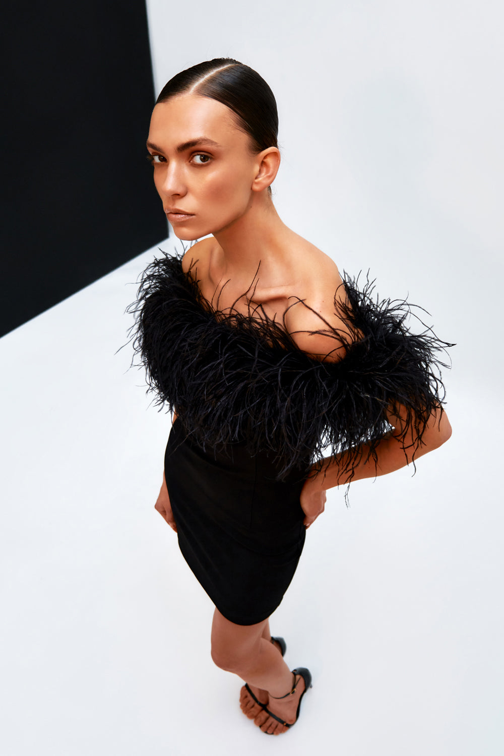 Black mini costume dress with feathers on the shoulders.