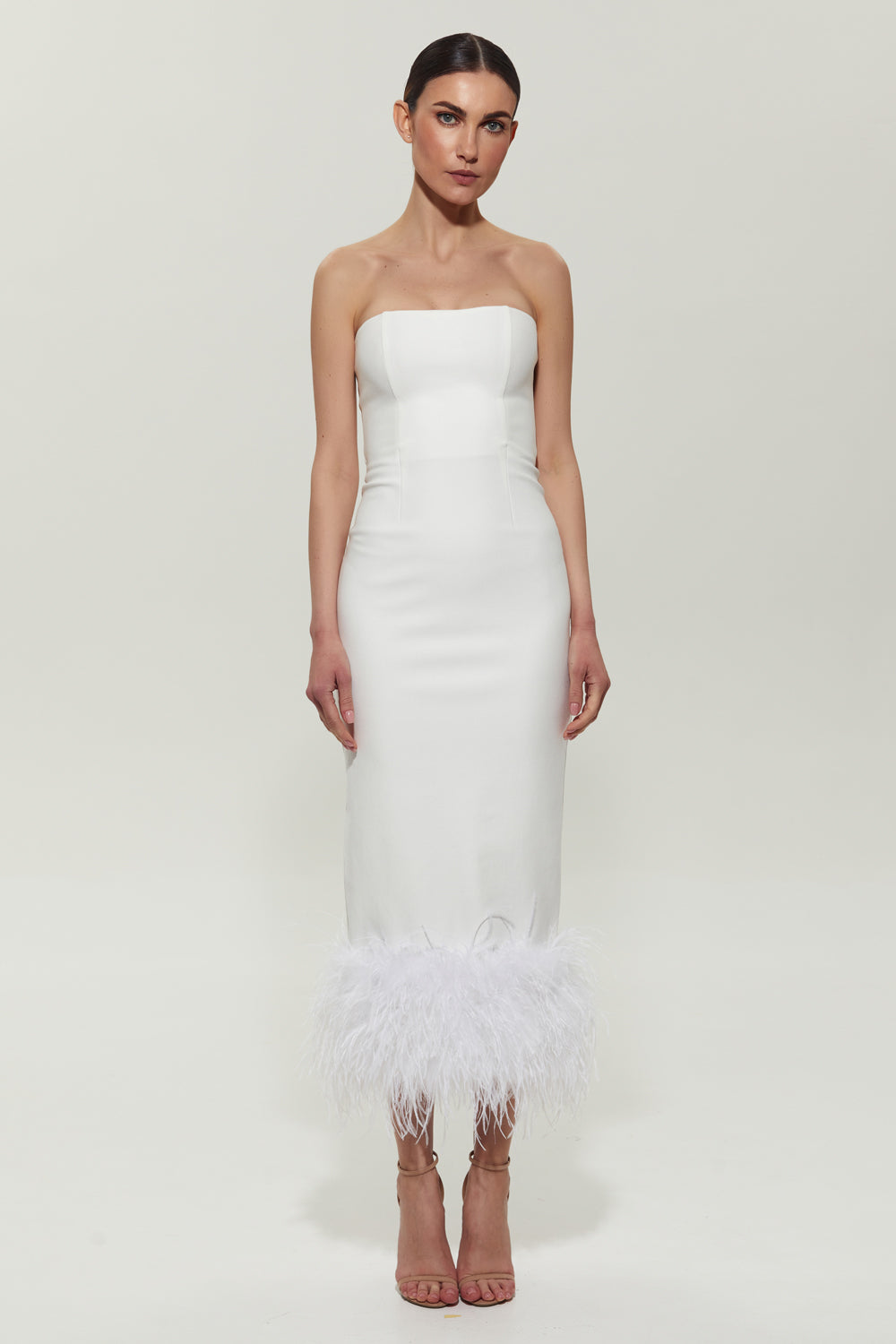 Milk jersey midi dress with feathers at the bottom