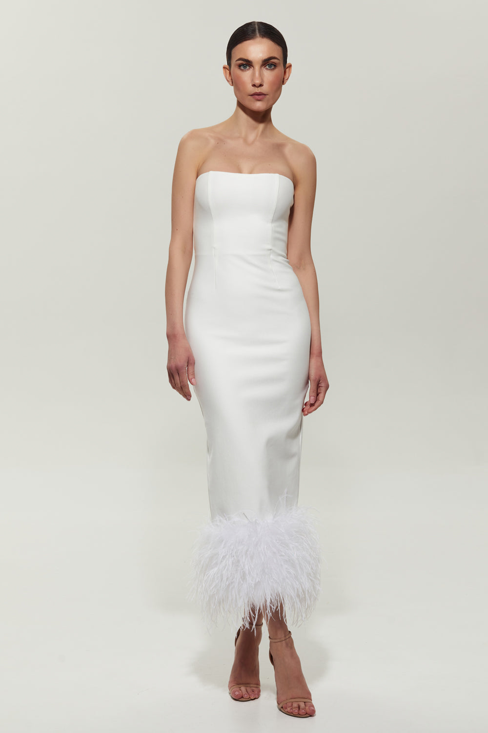 Milk jersey midi dress with feathers at the bottom