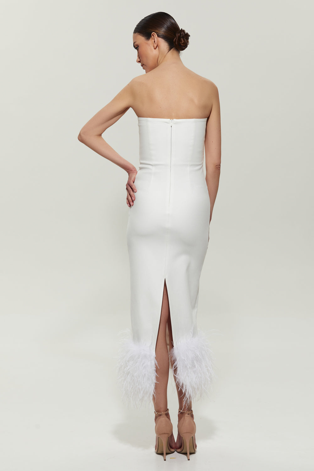 Milk jersey midi dress with feathers at the bottom