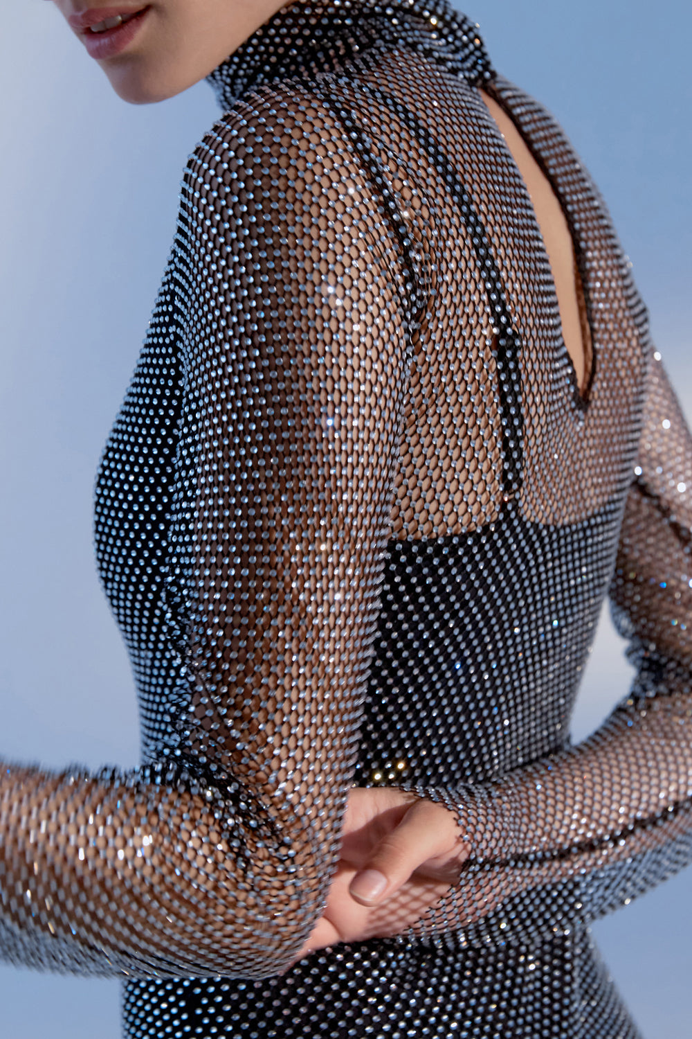 Black mesh floor-length dress with crystals