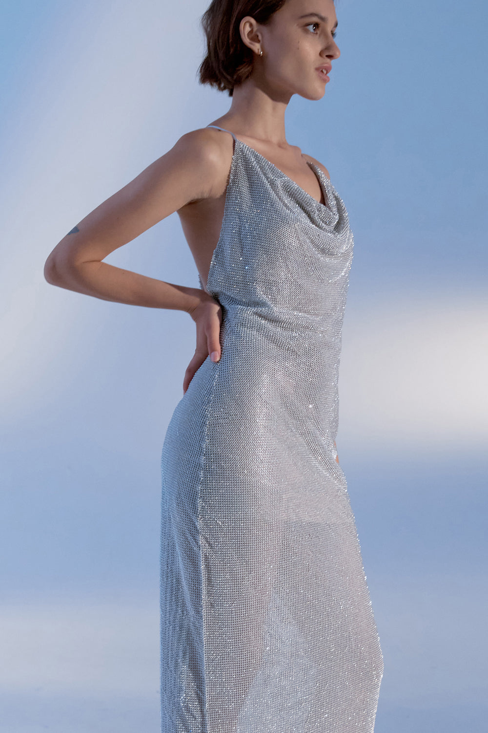 Silver ringlet midi dress with crystals