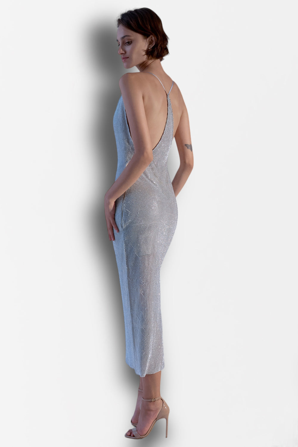 Silver ringlet midi dress with crystals