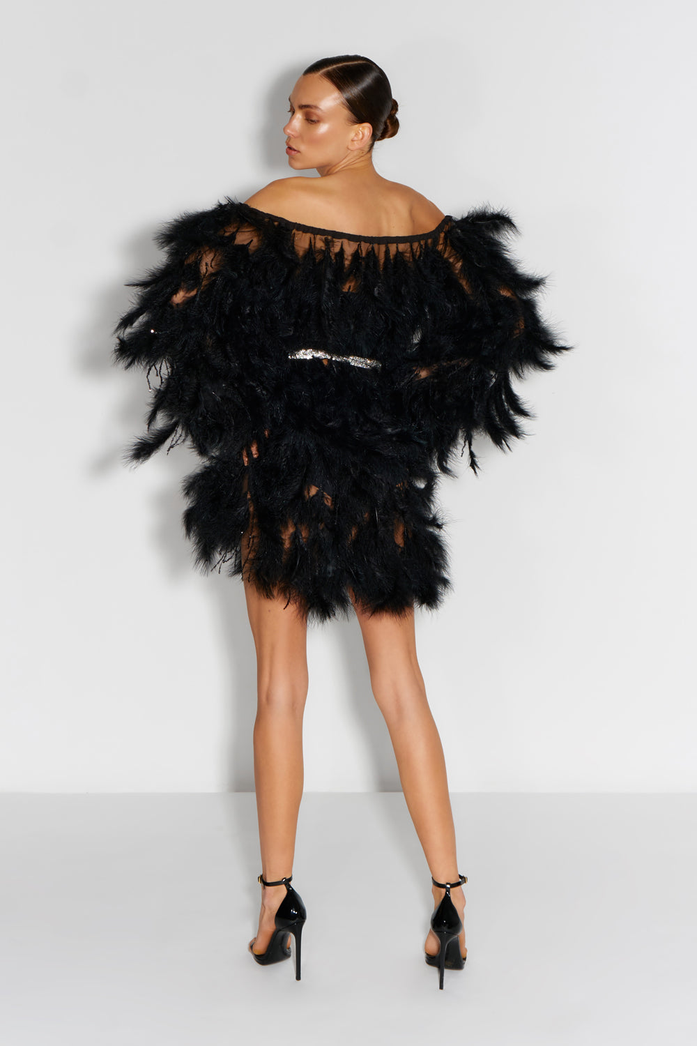 Black mini mesh dress with feathers