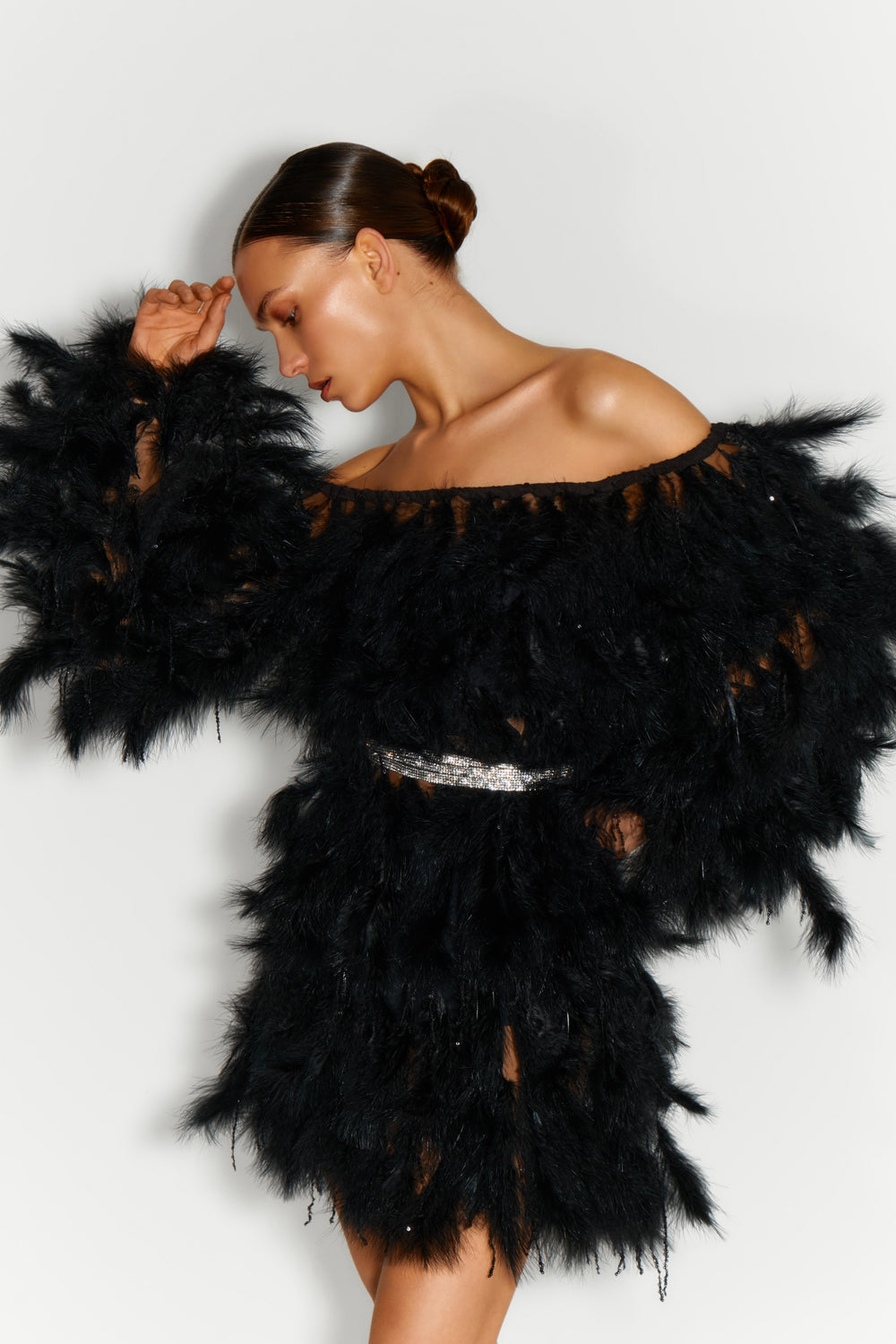 Black mini mesh dress with feathers