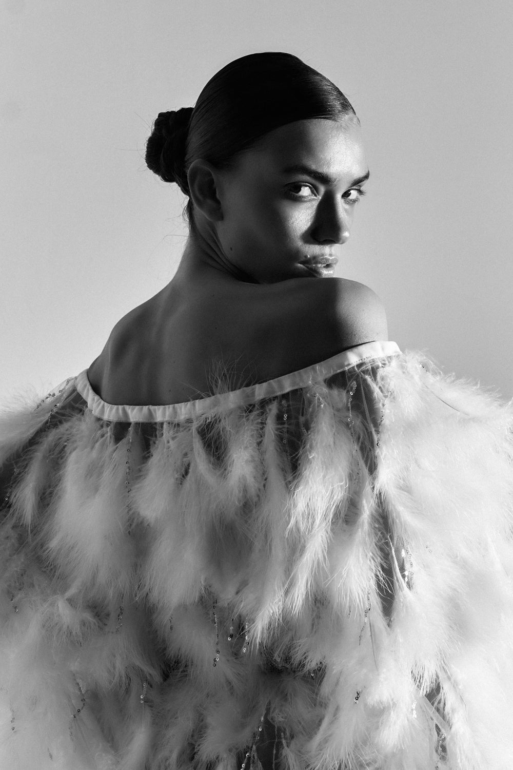 White mesh mini dress with feathers