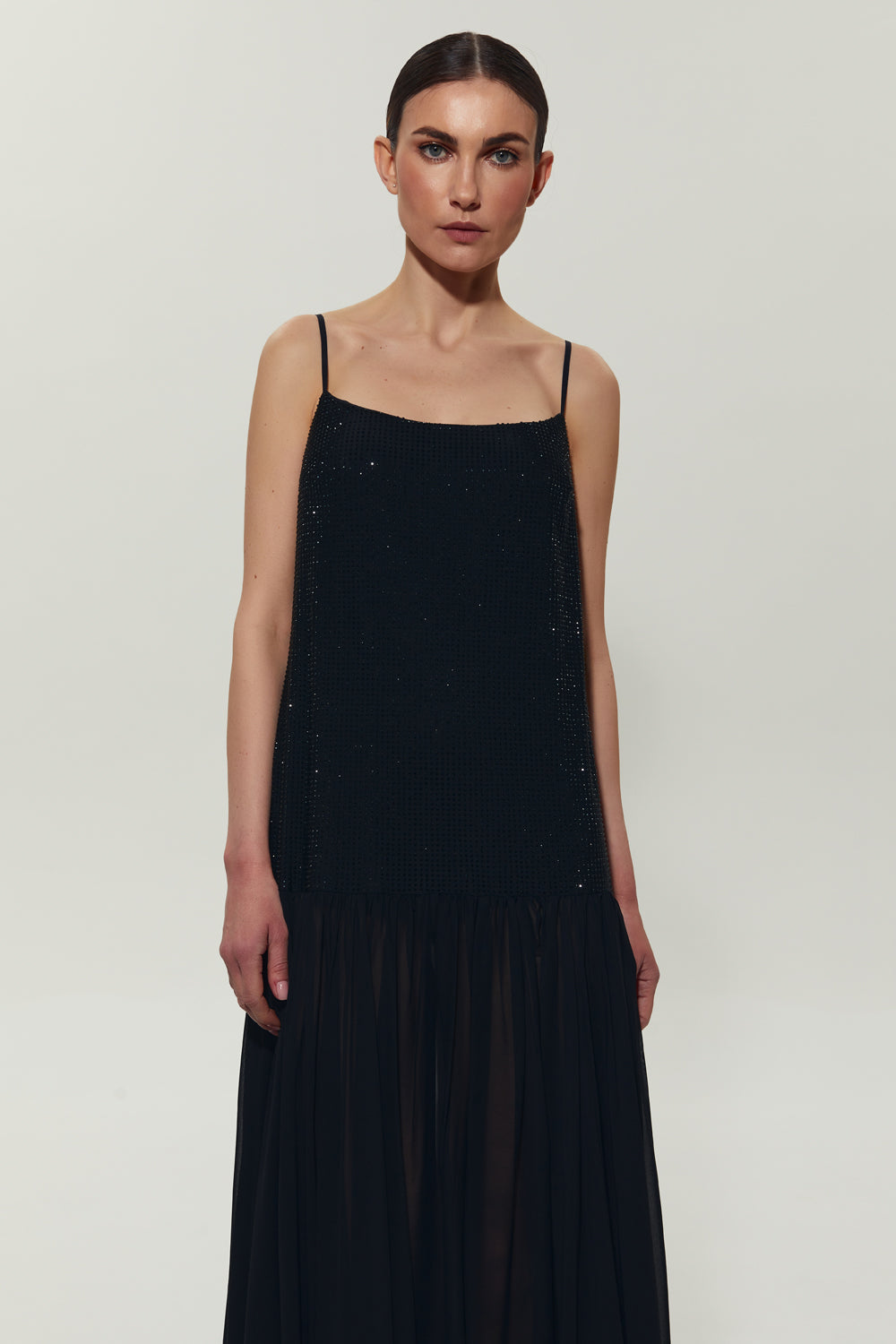 Black maxi dress with crystal embellished top