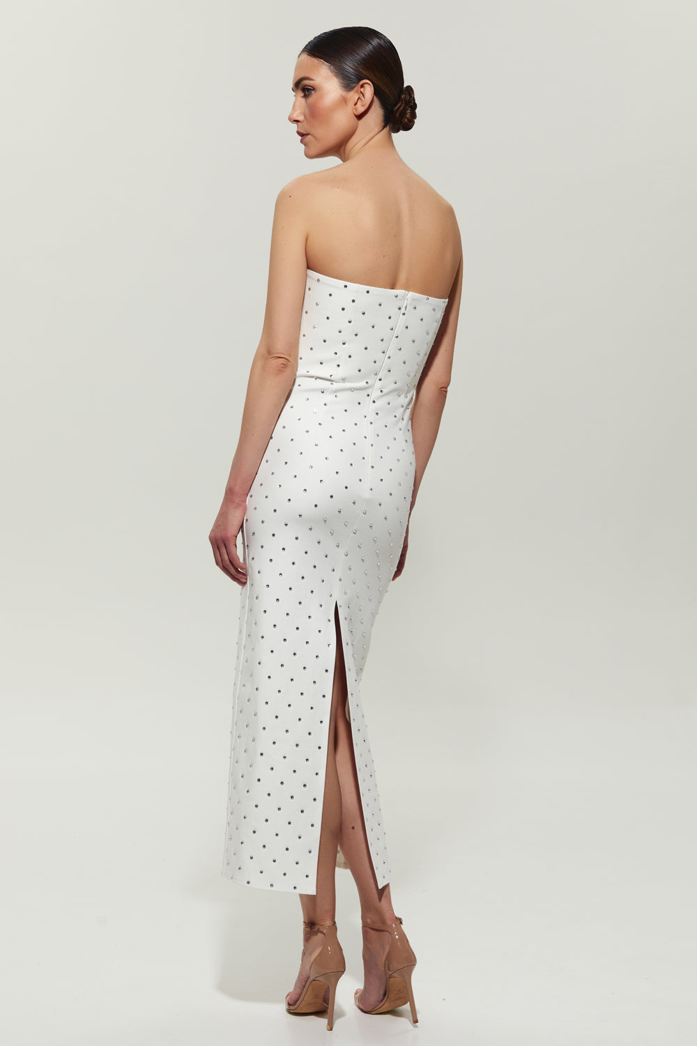 White midi dress with slit embellished with crystals