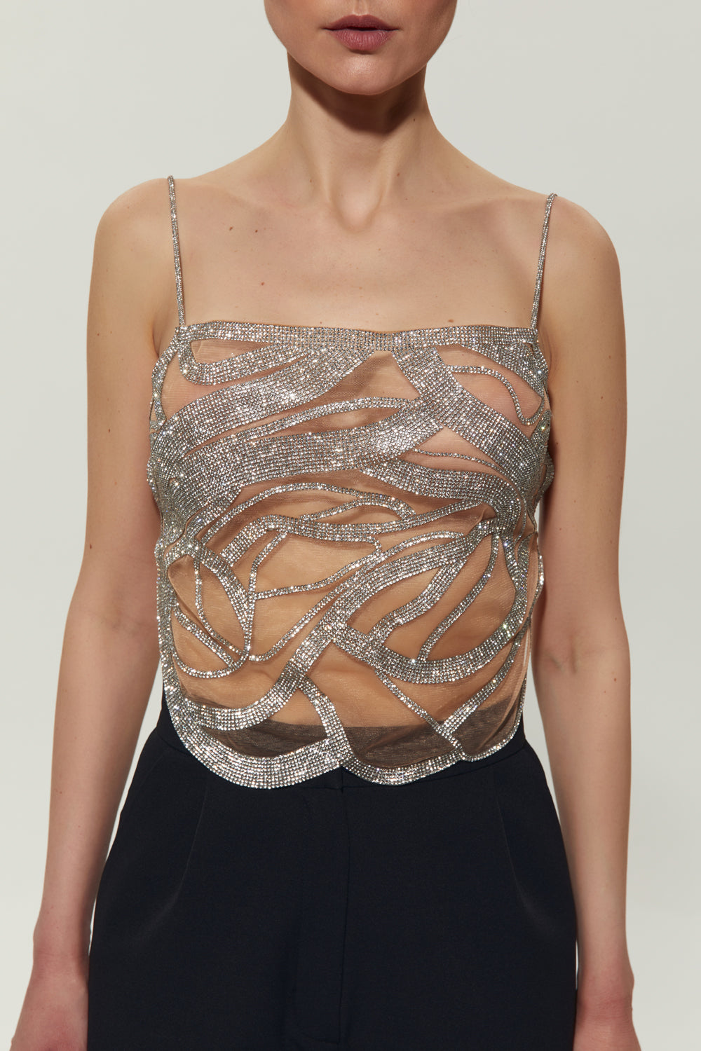 Beige mesh top embellished with crystals