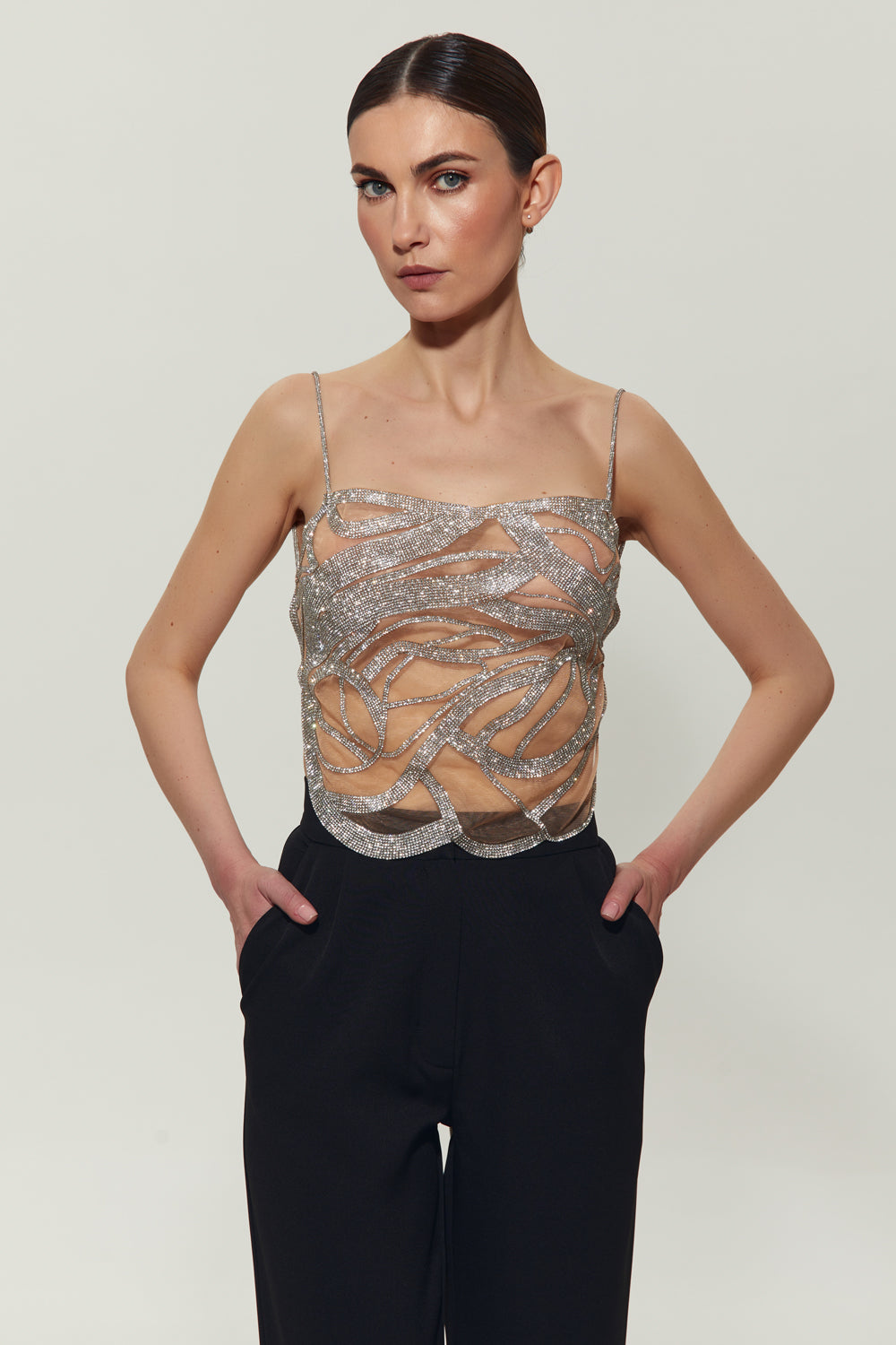 Beige mesh top embellished with crystals