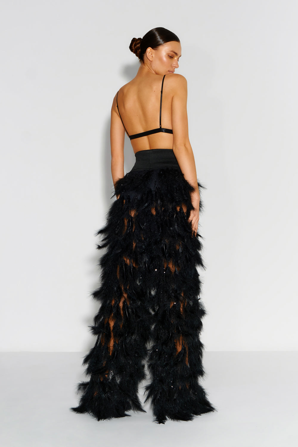 Black feather-embroidered mesh pants