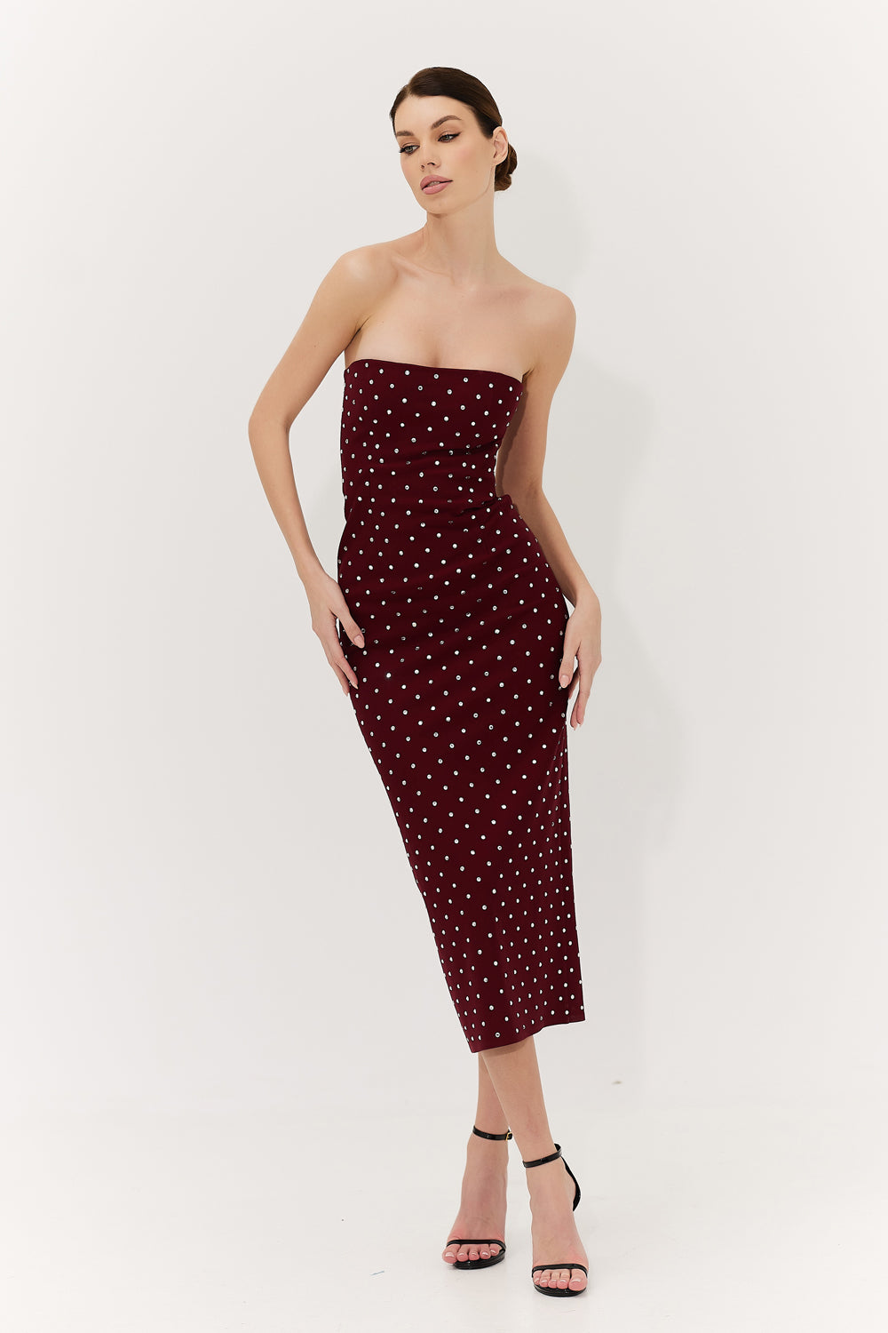 Burgundy bandage midi dress with slit embellished with crystals