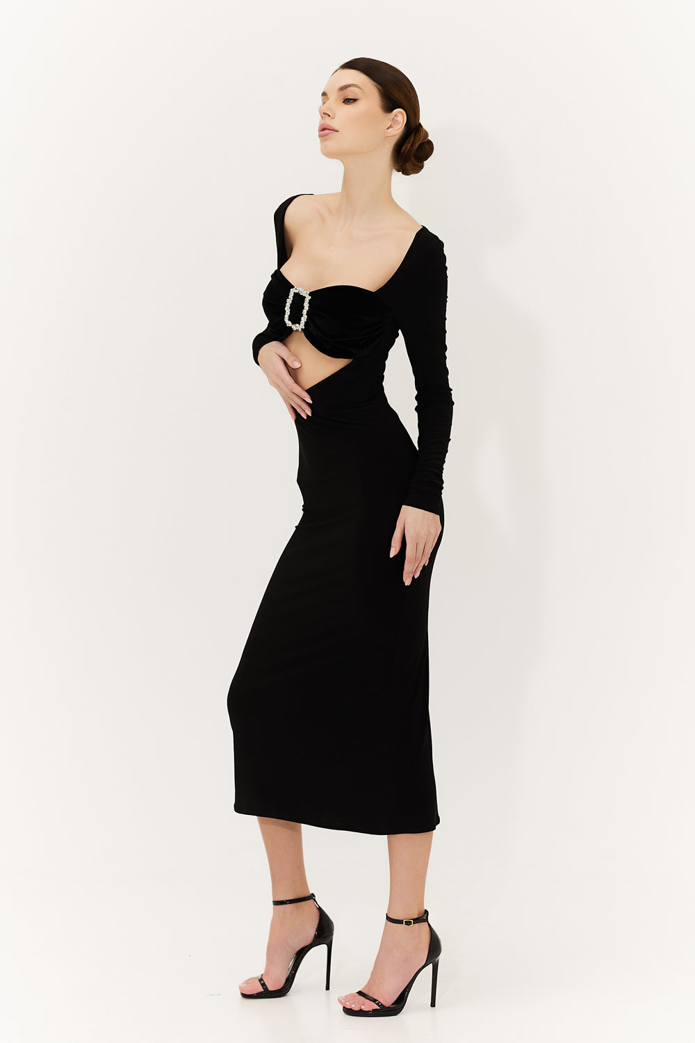 Black jersey dress with velvet bodice.