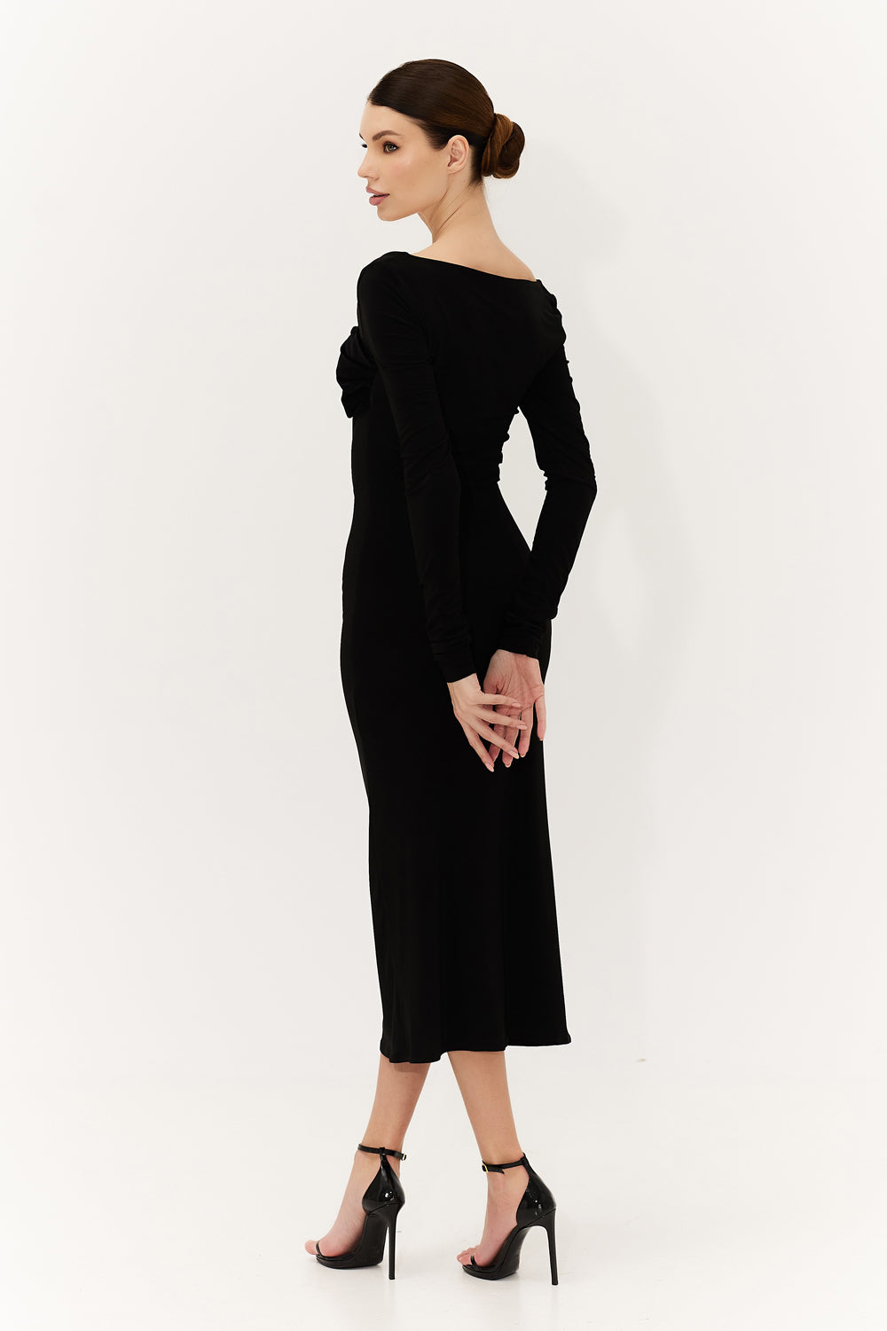 Black jersey dress with velvet bodice.