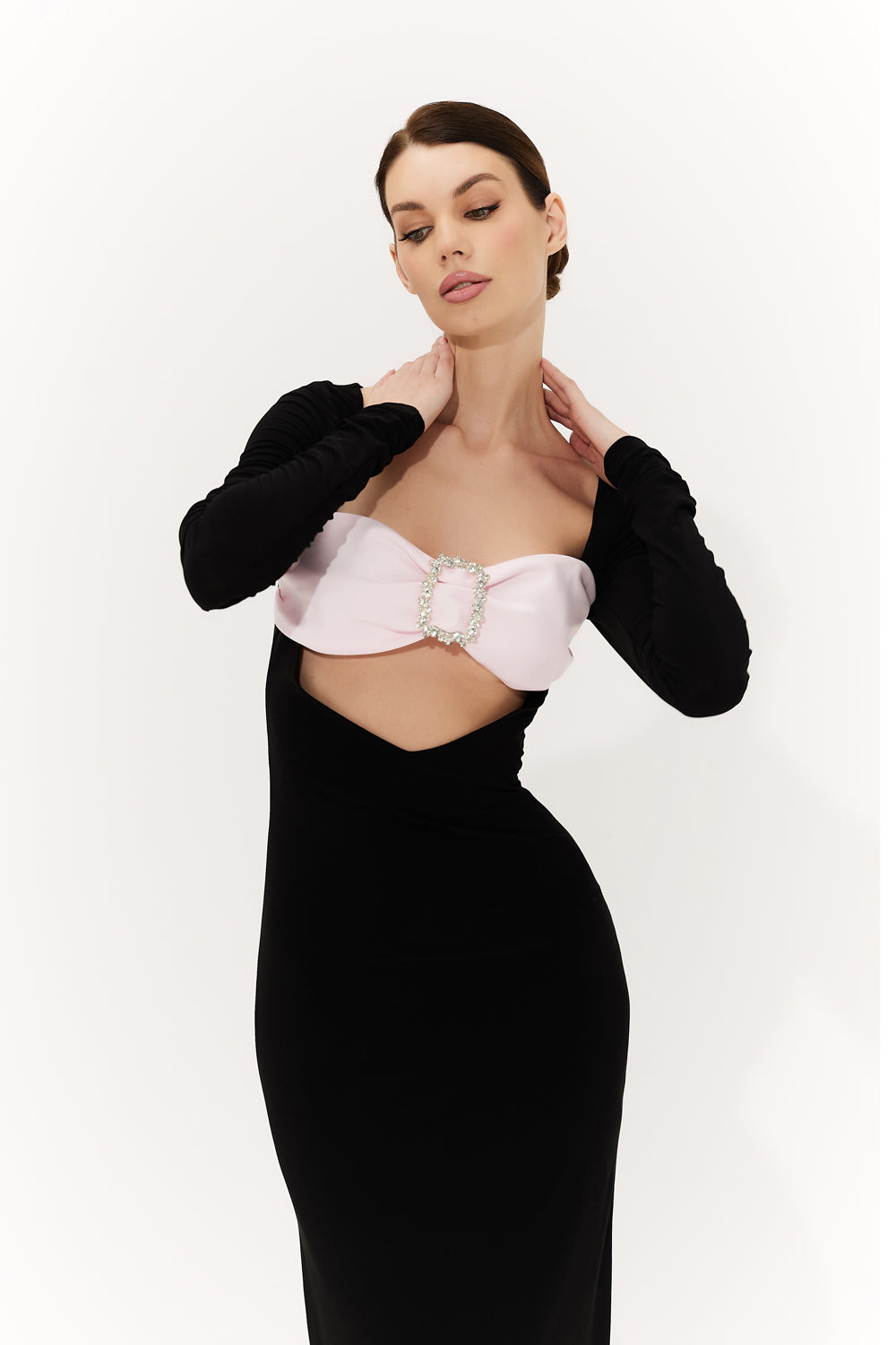 Black jersey dress with a soft pink satin bodice.