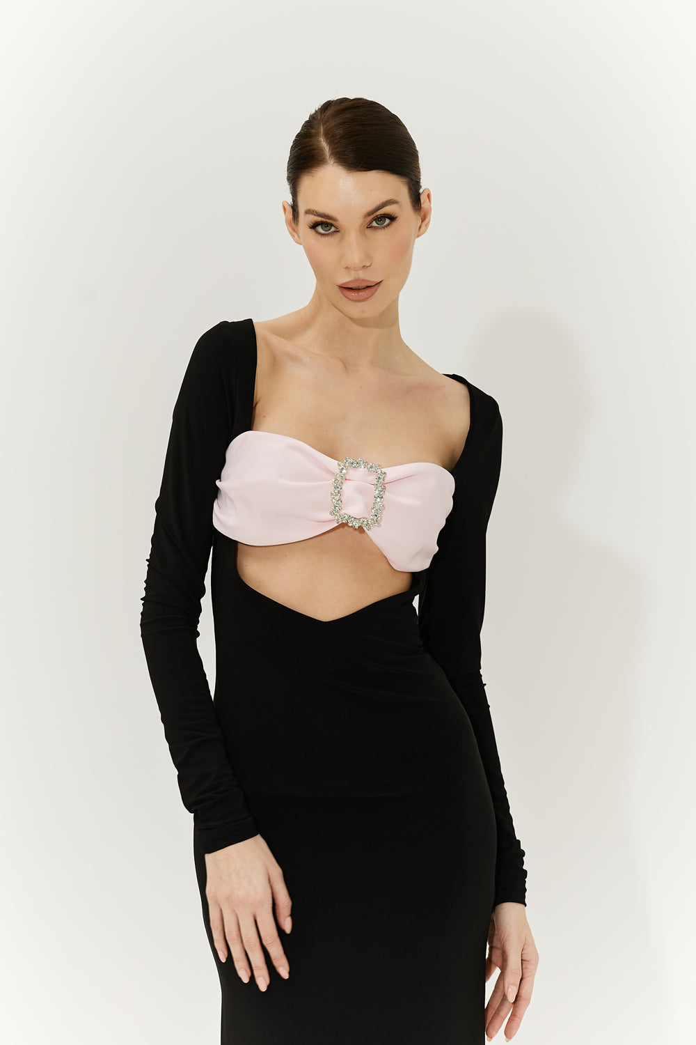 Black jersey dress with a soft pink satin bodice.