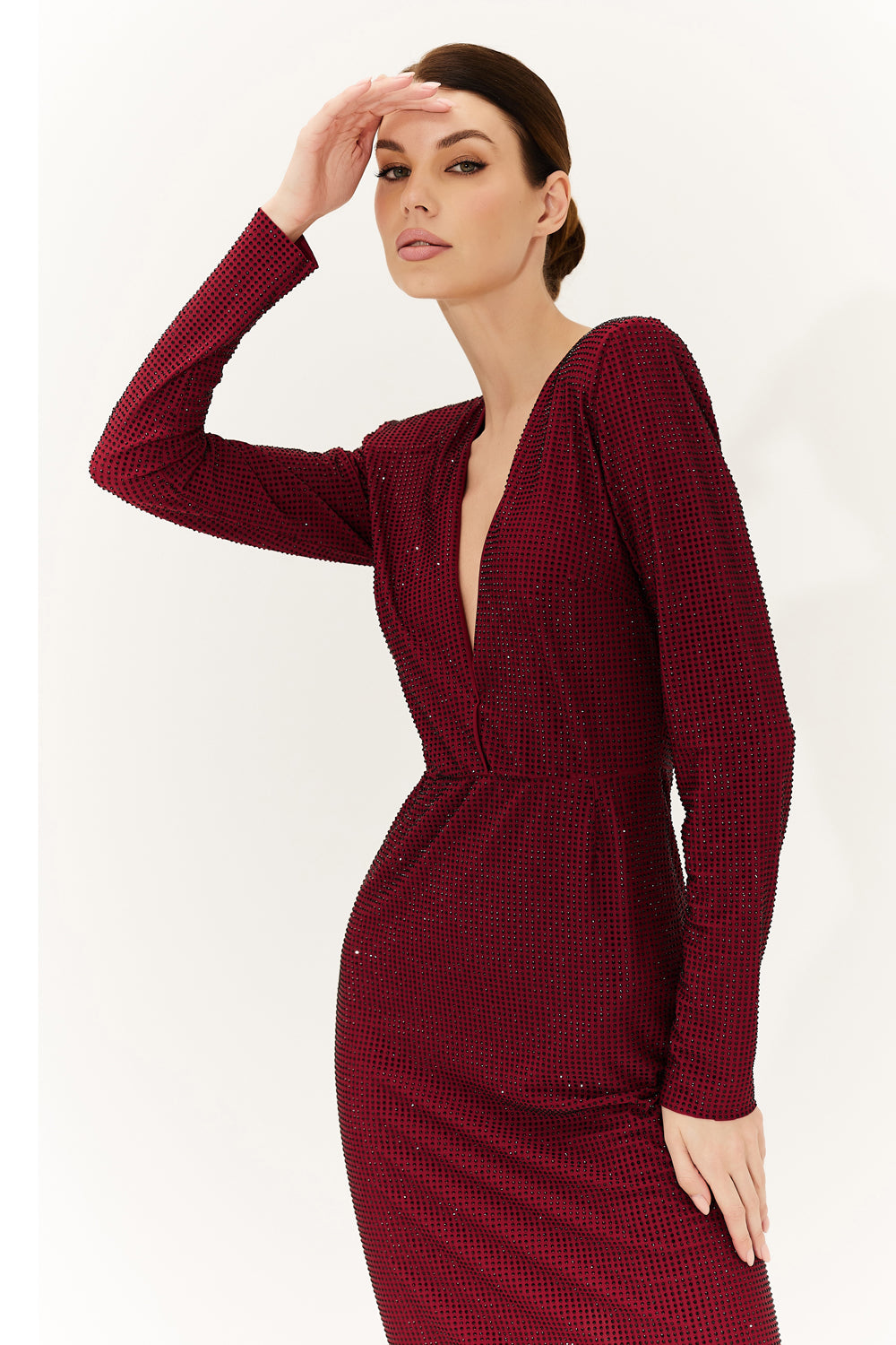 Burgundy jersey midi dress with crystals.